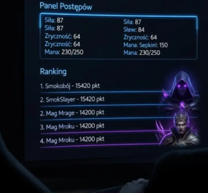 Futurystyczny panel gamingowy prezentujący statystyki i paski progresji