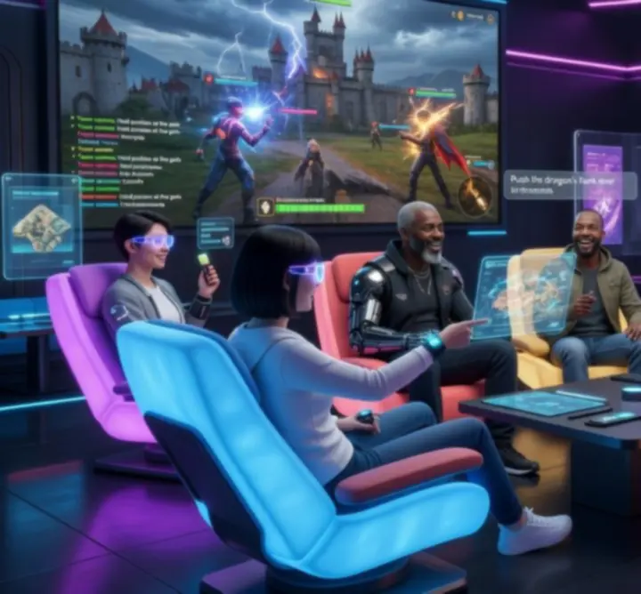 Gracze w futurystycznym neonowym lounge dyskutujący o grach