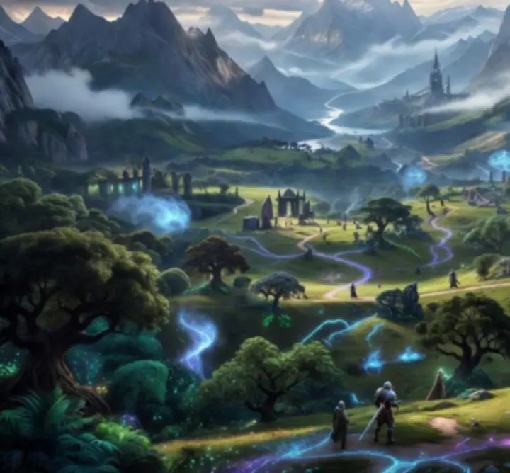 Fantastyczny świat gry RPG z rozświetlonymi ścieżkami eksploracji i punktami misji