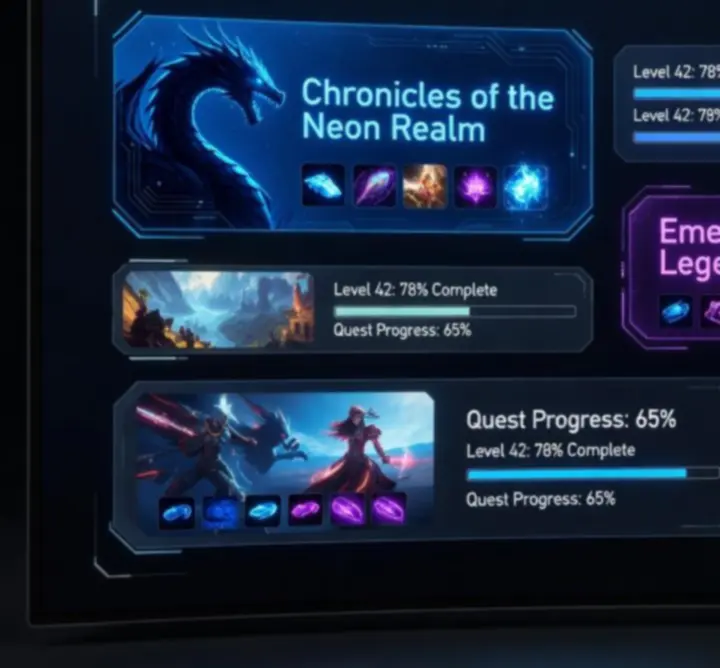 Neonowy panel z wyróżnionymi grami RPG i statystykami levelowania