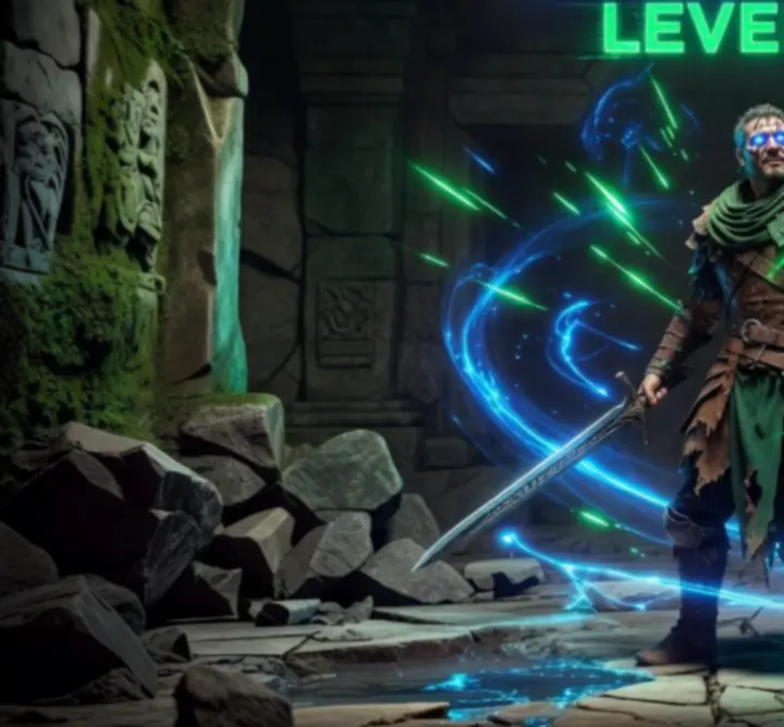 Epicka scena z gry z bohaterem otoczonym efektami level-up