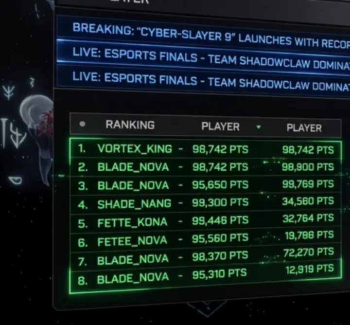 Neonowy ekran z newsami gamingowymi i rankingami graczy