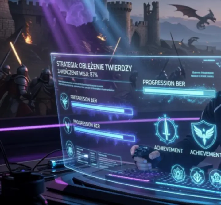 Panel strategiczny gry z neonowymi wskaźnikami i mapą fantasy
