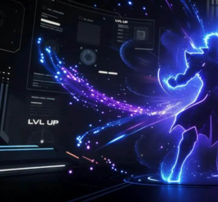 Efekt level up z neonową energią i paskiem doświadczenia