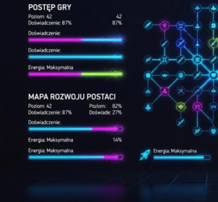 Neonowy panel progresji postaci i statystyk w grze online