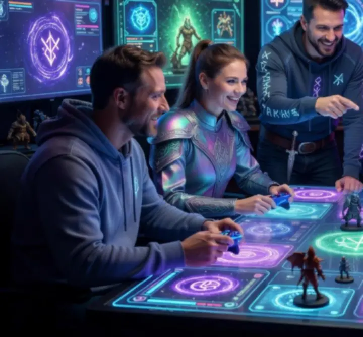 Zespół graczy fantasy na futurystycznym tle